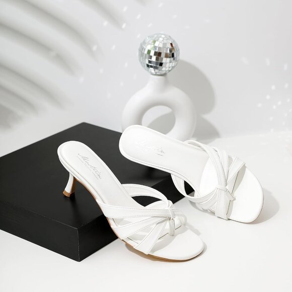 Women Strappy Kitten White Heels Open Toe Mules Thong Sandal for Party Wedding - Picture 6 of 9